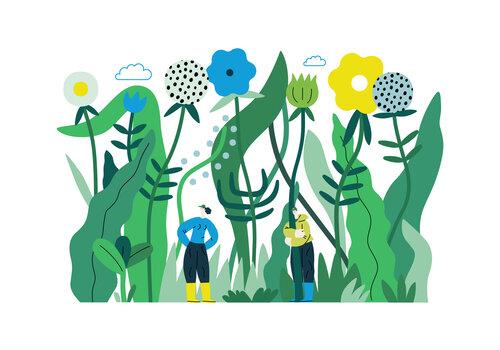 2 personnes observant la biodiversité en dessin