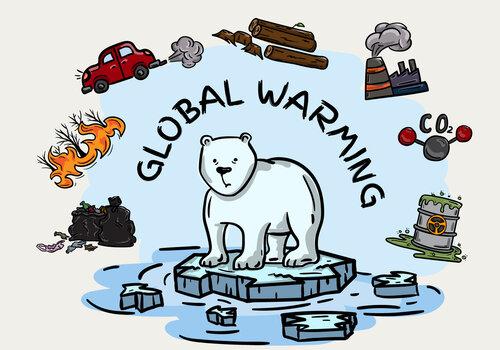 Ours sur la banquise avec éléments du réchauffement climatique autour de lui