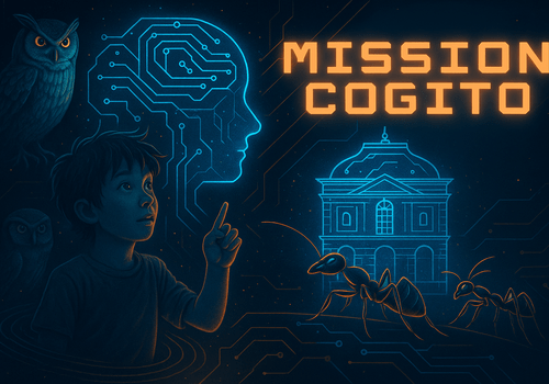 Affiche colorée de l’atelier "Mission Cogito" : un enfant observe une tête humaine stylisée en circuits lumineux, entourée d’animaux (fourmis, chouette) et d’éléments architecturaux. L’ensemble baigne dans une ambiance technologique mêlant nuances de bleu et d’orange.