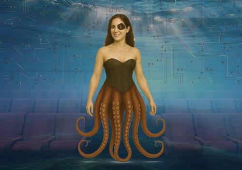 Chimère superintelligente Chimère sous-marine combinant le haut d'une femme brune, un oeil bionique et un bas de pieuvre