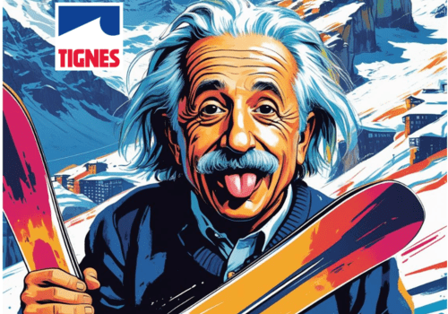 Tignes, terrain de jeu des savoirs. Albert Einstein portant des skis
