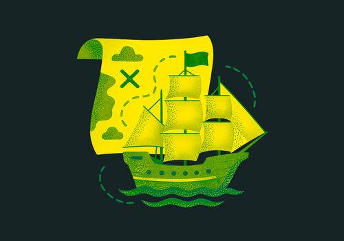Navire et carte représentant la conquête des océans