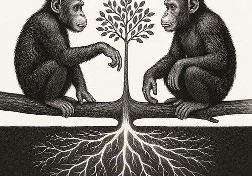 deux chimpanzés se font face chacun sur une branche, dans une position de communication. L 'un des deux singes tend le bras vers l'autre avec le poignet plié vers le bas. Entre les deux singes, il y a un arbre aux branches et feuilles apparentes émet des signaux radio et dont les racines apparaissent lumineuses