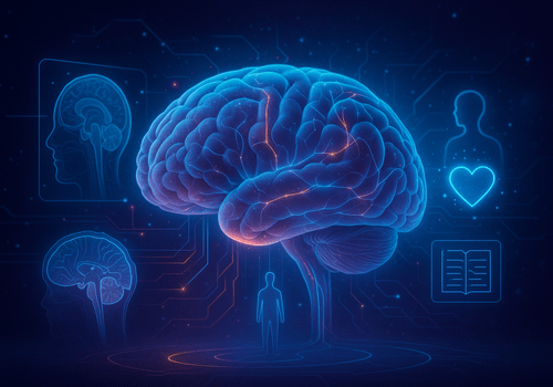 Cerveau réaliste futuriste entouré d’icônes holographiques et de circuits lumineux.
