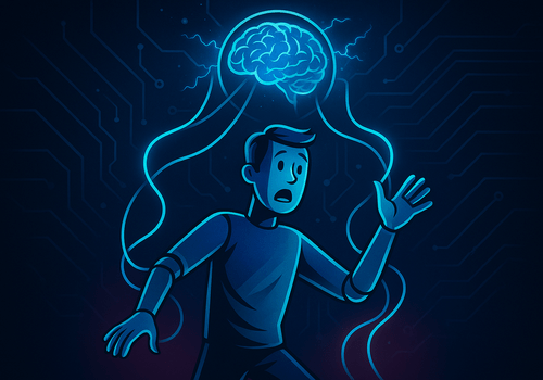 un cerveau est relié à un personnage comme avec des fils de pantin