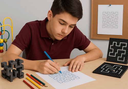 collégien qui dessine des courbes sur une feuille de papier