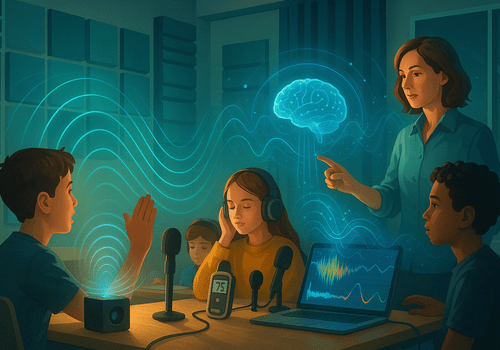 illustration d'un atelier acoustique en classe : ondes sonores, élèves au casque, micros, sonomètre et courbes audio