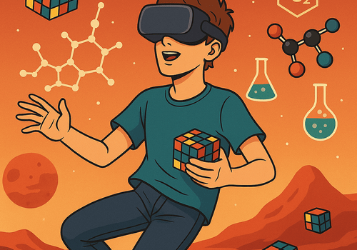 enfant qui porte un casque VR et tient un rubik's cube dans sa main
