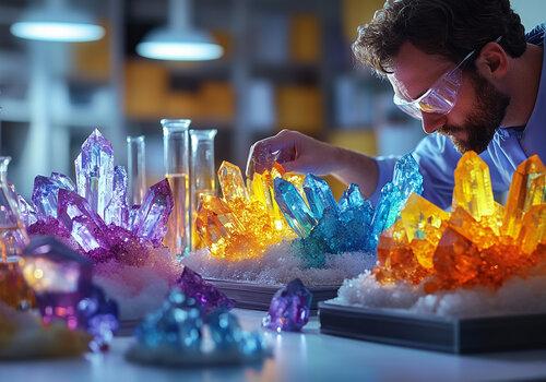 scientifique qui manipule des cristaux de plusieurs couleurs