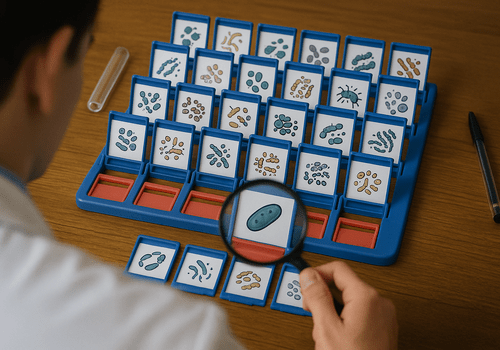 un plateau de jeu Qui-est-ce avec des bactéries sur les cartes