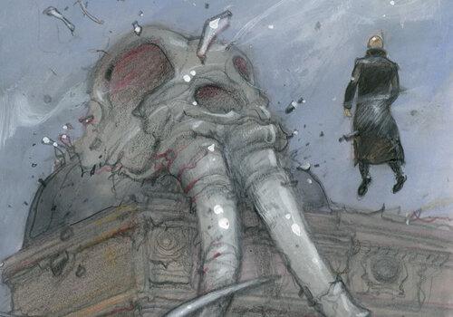 Muséum rose Dessin d'Enki Bilal représentant un crâne de mammouth perché sur un bâtiment du Muséum national d'histoire naturelle et un humain en suspension dans les airs regardant ce crâne