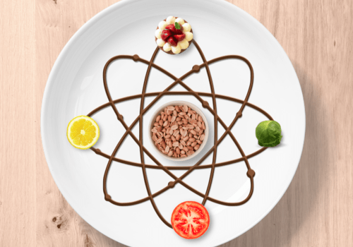 Assiette avec un atome dedans et plusieurs ingrédients gravitant dans cet atome