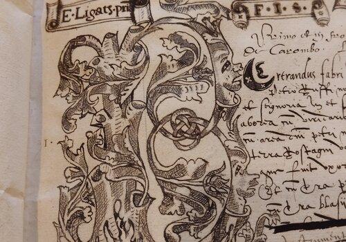 Lettrine "B" du registre du 16e siècle du couvent des Célestins de Sorgues
