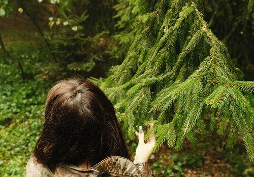 Une femme de dos prend entre ses doigts une branche d'arbre