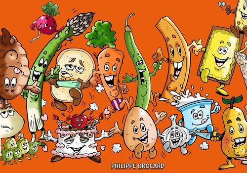 plusieurs légumes dessinés comme des personnages de bande-dessinée