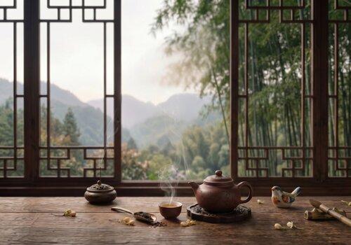 Théière, tasse de thé et autres éléments de décor (pinceau en bambou, oiseau en céramique) sur une table en bois avec paysage de montagne, forêts de sapins et de bambous en arrière-plan. 