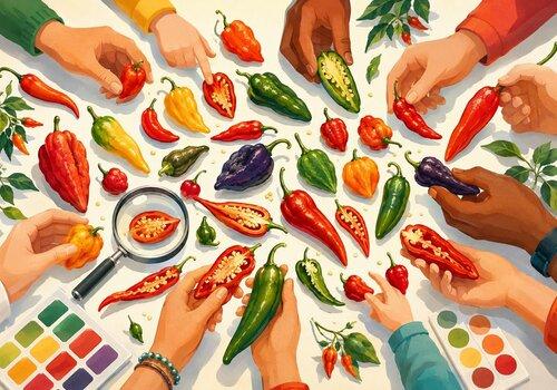 Mains qui touchent différents types de piments