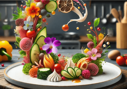 Assiette portant une composition melant fleurs et aliments