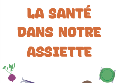 Première page de l'exposition présentant le titre, des dessins d'aliment et le logo de l'inserm