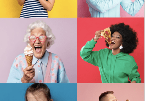 Une mosaïque de photos montrant les réactions des personnes de différents âges aux nourritures