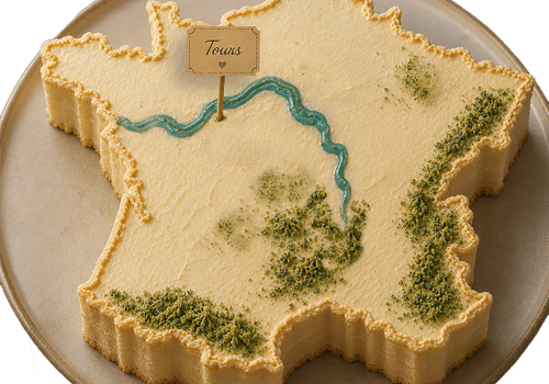 Gâteau ayant la forme de France. Décors en vert pour situés les montagnes, tracé en bleu pour la Loire. Un étiquette nommant Tours est piquée sur sa localisation.