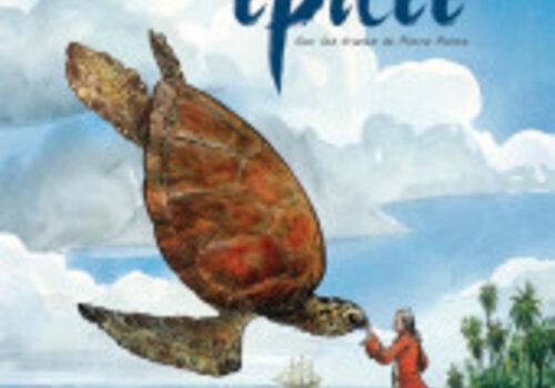 Dessin d'une tortue saluant Pierre Poivre sur une plage