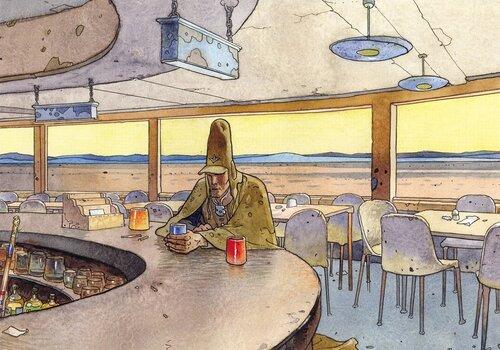 Une personnage acoudé à un bar dans une salle vide avec une vue sur le désert. 