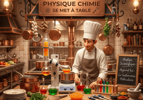 Un chimiste cuisinier dans la cuisine d'un grand restaurant avec son matériel de laboratoire, comme Rémi dans Ratatouille