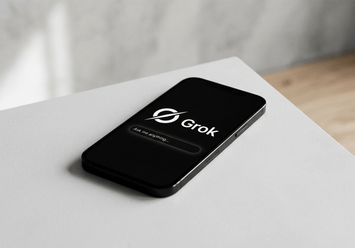 Portable posée sur une table, affichant le logo de l'intelligence artificielle Grok