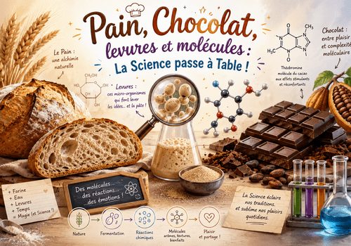 A gauche du pain, à droite du chocolat et au centre un verre de laboratoire de chimie contenant un mélange étudié à la loupe