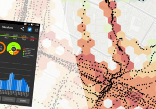 Captures d'écrans de l'application NoiseCapture et aperçu d'une carte de bruit collaborative