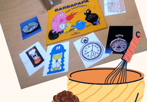 Image montrant le livre Barbapapa et les horloges, un saladier et un gâteau au chocolat