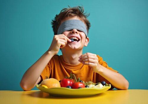 Blindfolded young man explores unique and colorful platter of foods with curiosity and delight. By Vera - AdobeStock