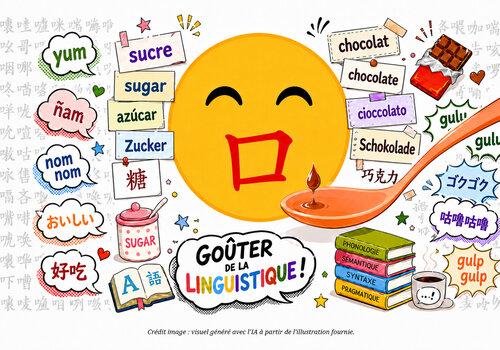 Illustration colorée sur le thème « Goûter la linguistique », avec des mots liés au goût et aux langues autour d’un visage souriant, d’une cuillère, de livres et de bulles multilingues.