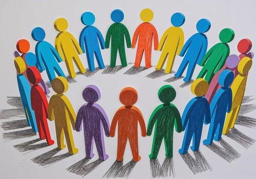 Illustration montrant une vingtaine de silhouettes humaines stylisées et colorées, se tenant par la main pour former une ronde parfaite. Chaque personnage est d'une couleur vive différente (bleu, jaune, rouge, vert, violet), symbolisant la diversité et l'unité sur un fond blanc épuré.