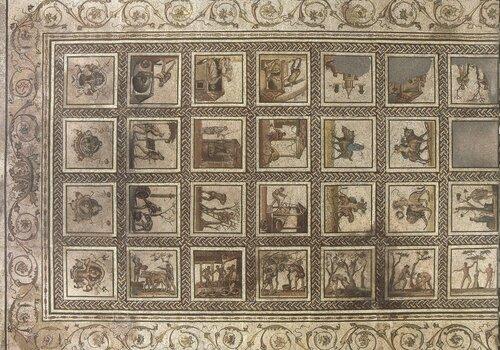 mosaïque à composition de quadrillage orné de panneaux  figurés