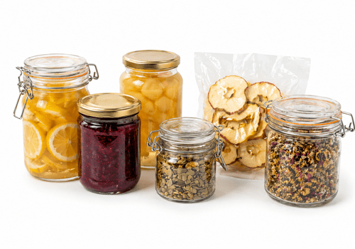 divers bocaux et fruits sous vide