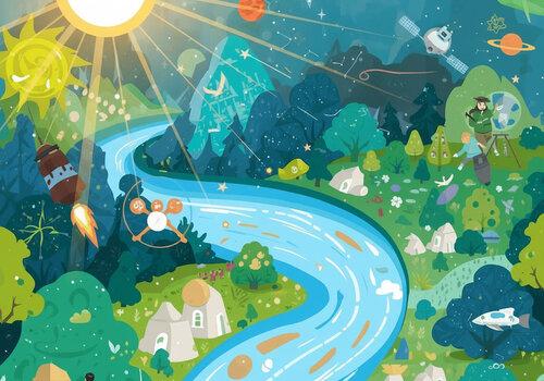 paysage avec rivière au centre dans le ciel soleil luisant, planètes et engins spaciaux