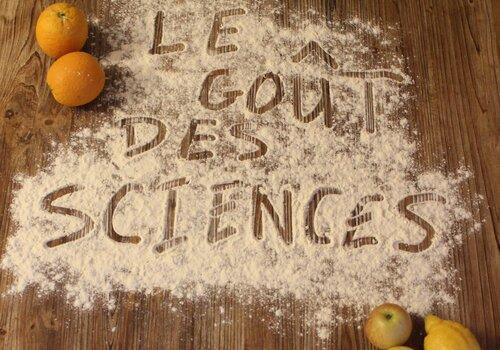 Le gout des sciences écrit dans de la farine sur une table en bois