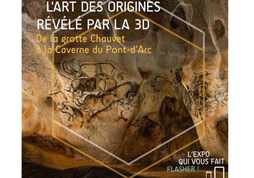 Sur fond de peintures rupestres est inscrit le texte : l’art des origines révélé par la 3D, de la grotte Chauvet à la caverne du Pont-d’Arc