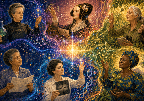 Illustration artistique de six femmes scientifiques célèbres — Marie Curie, Ada Lovelace, Jane Goodall, Katherine Johnson, Rosalind Franklin et Wangari Maathai — entourées de symboles de chimie, mathématiques, biologie, espace, ADN et écologie, reliés par une lumière centrale évoquant la découverte scientifique.
