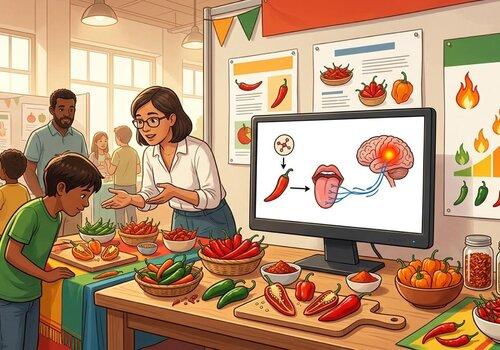 Stand avec de nombreux aliments pouvant être piquants et un écran montrant la molécule responsable de la chaleur allant du piment, à la langue puis au cerveau.