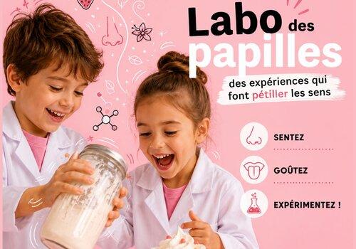 Affiche de la Fête de la science au Pavillon de Manse : deux enfants en blouse de laboratoire secouent un bocal pour fabriquer de la chantilly. Titre : « Labo des papilles, des expériences qui font pétiller les sens ». Atelier scientifique autour du goût, de l'odorat et des transformations alimentaires.
