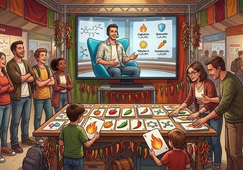 Une table présentant des cartes avec des dessins d'aliments, de molécules et de flammes entourée de personnes suivant l'atelier-mini conférence donnée par un monsieur dans une télévision.