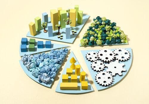 diagramme camembert avec différents écosystèmes symbolisés par des volumes en papier froissé (arbres, immeubles ...)