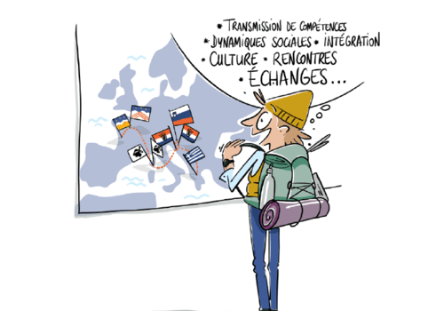 Planche de Bande dessinée représentant un personnage devant plusieurs drapeaux de pays d'Europe