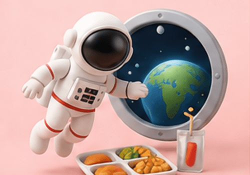 Illustration d'un astronaute avec un repas devant un hublot montrant l'espace