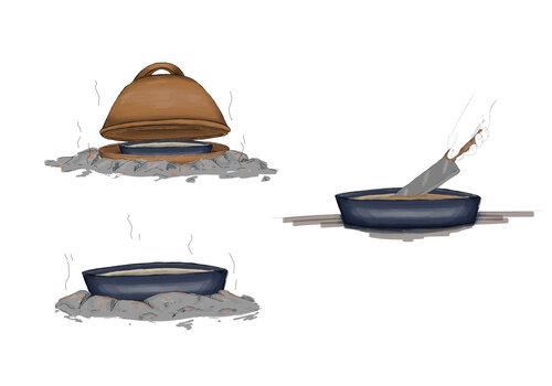 Dessin représentant la cuisson dans des  contenants en terre