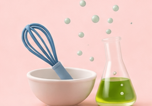 Illustration d'un bol et d'un fouet entouré de bulles et d'un Erlen