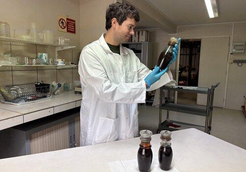 Flacons de conserve de groseilles et framboises au laboratoire de traitement des objets